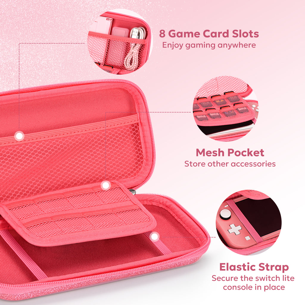 Switch Lite Case, 15-in-1 Accessories Set with Carrying Case, Screen Protector, Cat Thumb Caps (Glitter Pink) Visit th