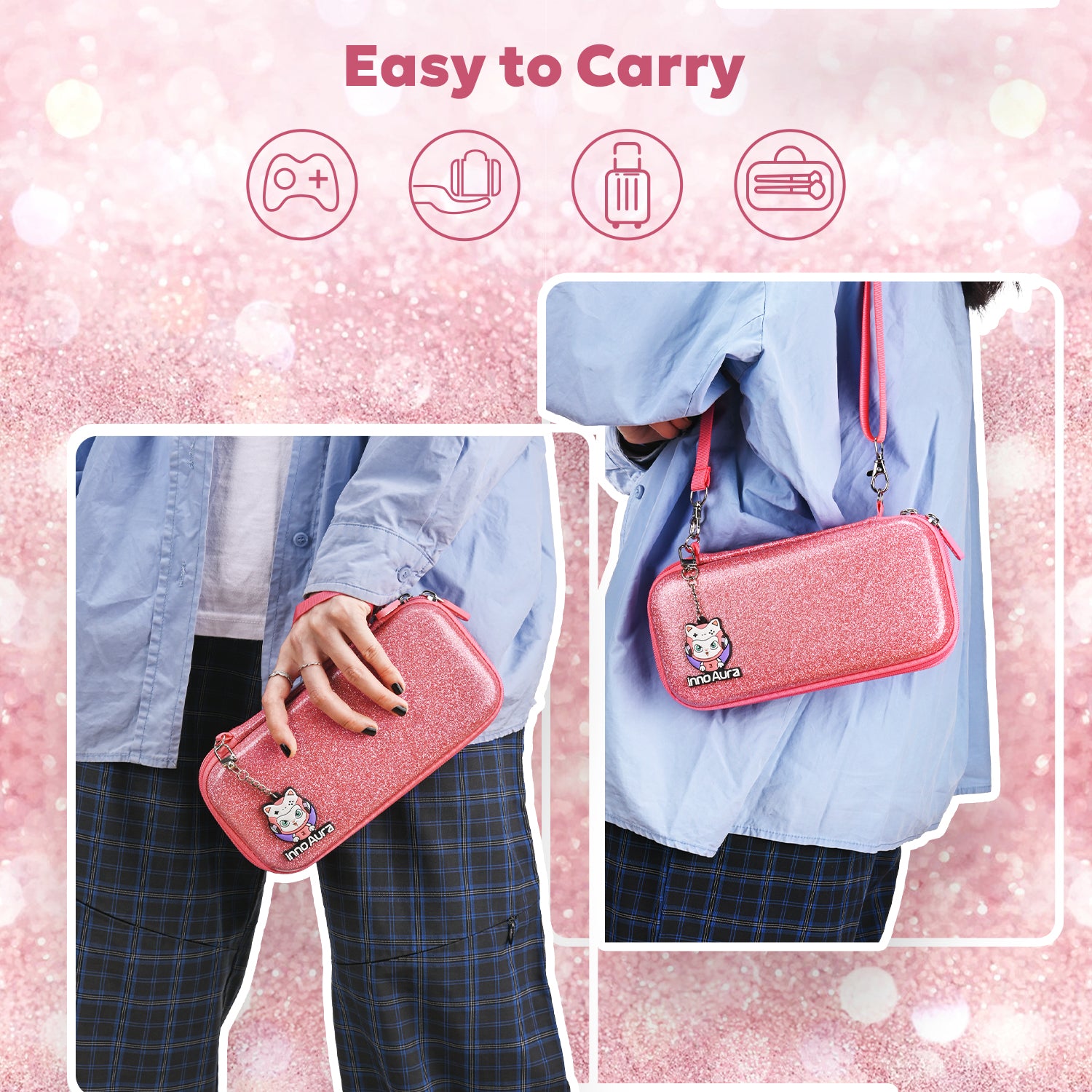 Switch Lite Case, 15-in-1 Accessories Set with Carrying Case, Screen Protector, Cat Thumb Caps (Glitter Pink) Visit th