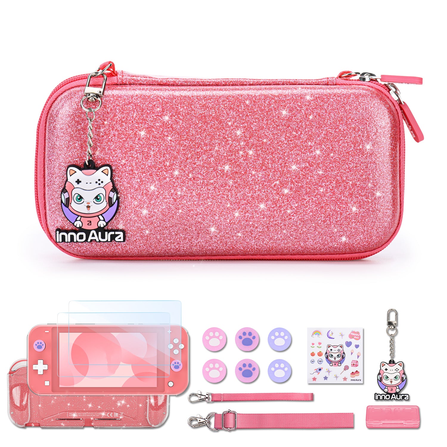 Switch Lite Case, 15-in-1 Accessories Set with Carrying Case, Screen Protector, Cat Thumb Caps (Glitter Pink) Visit th